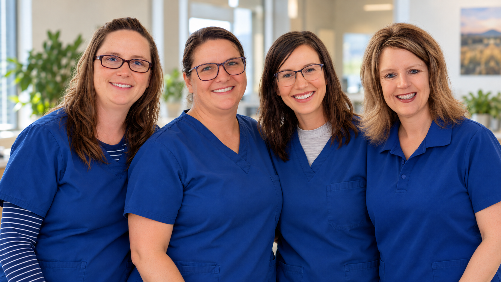 Four County Health Services nurses smiling together in a clinic setting