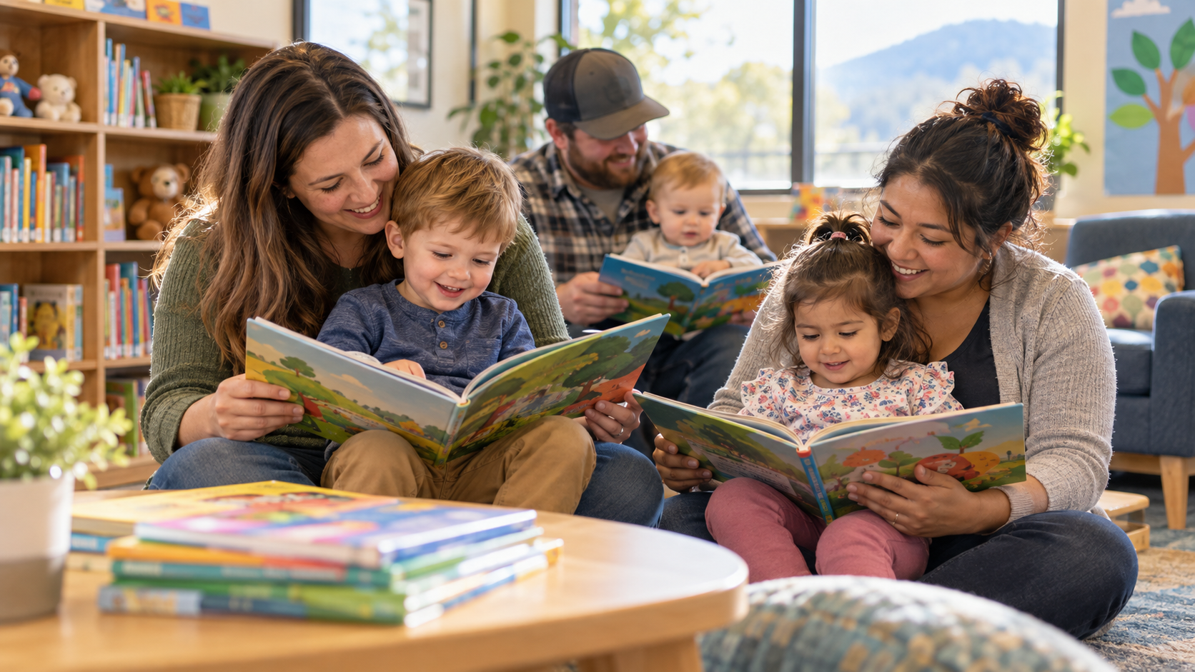 Parents and caregivers reading children's books with young children in a community room