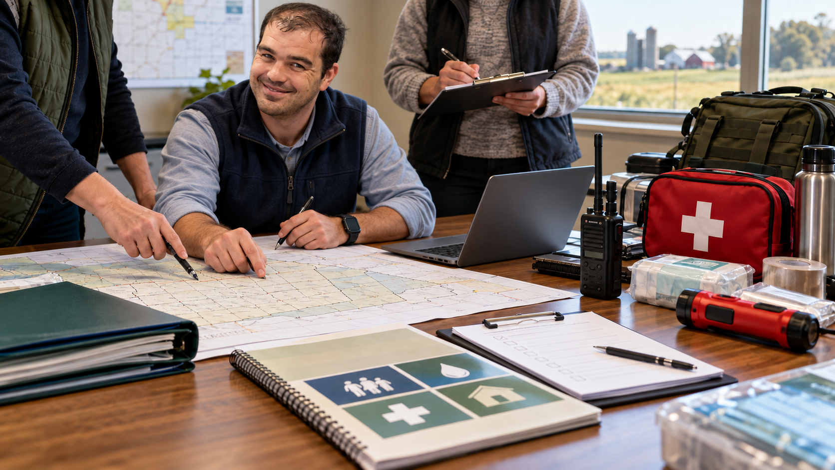 Emergency preparedness planning table with maps, supplies, radio, and response materials