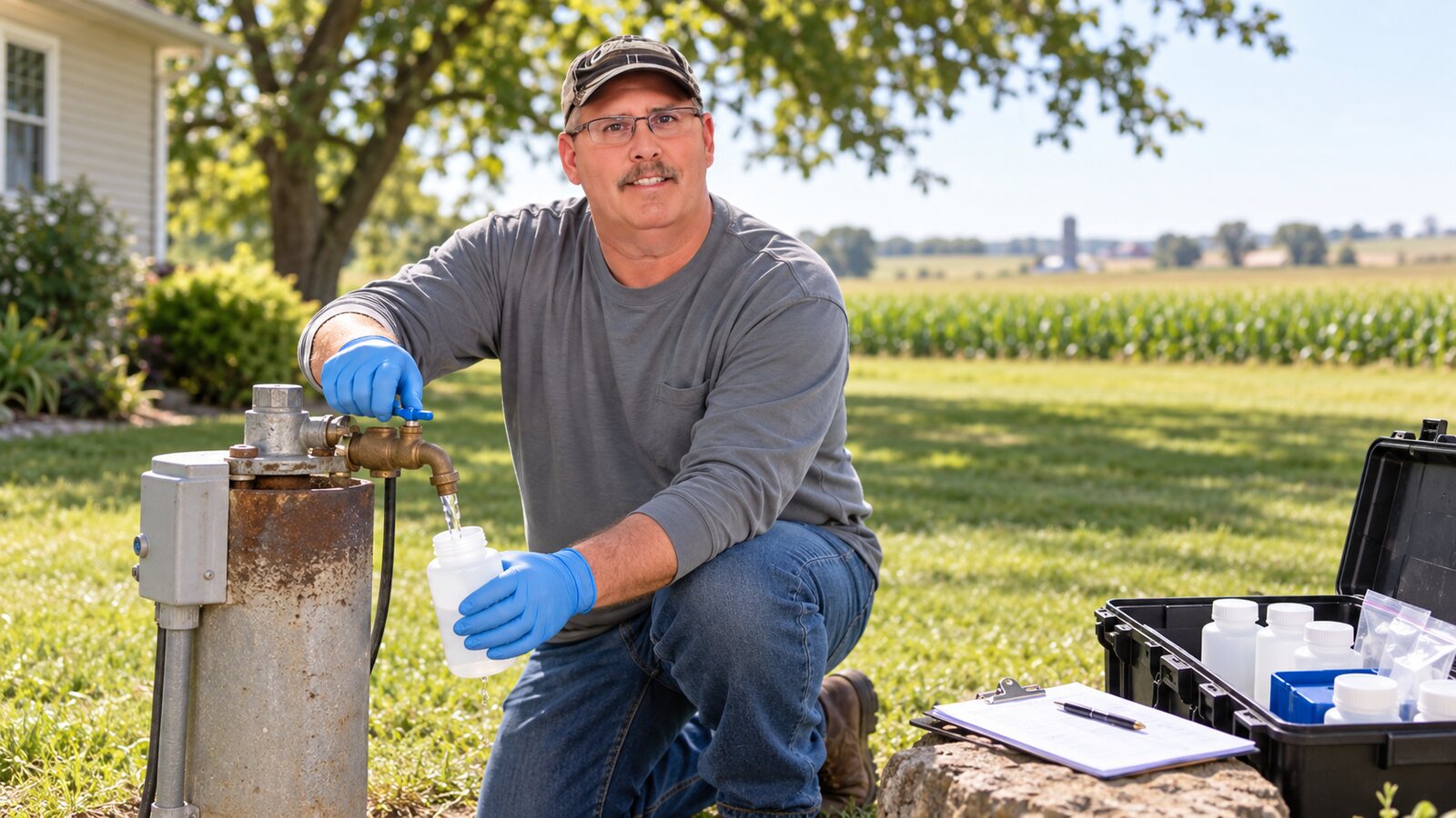 An environmental health specialist collecting a private well water sample
