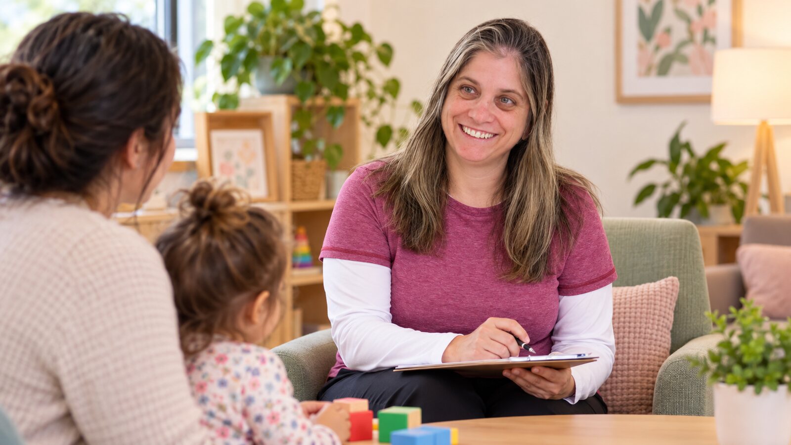A family support worker helping a caregiver and young child