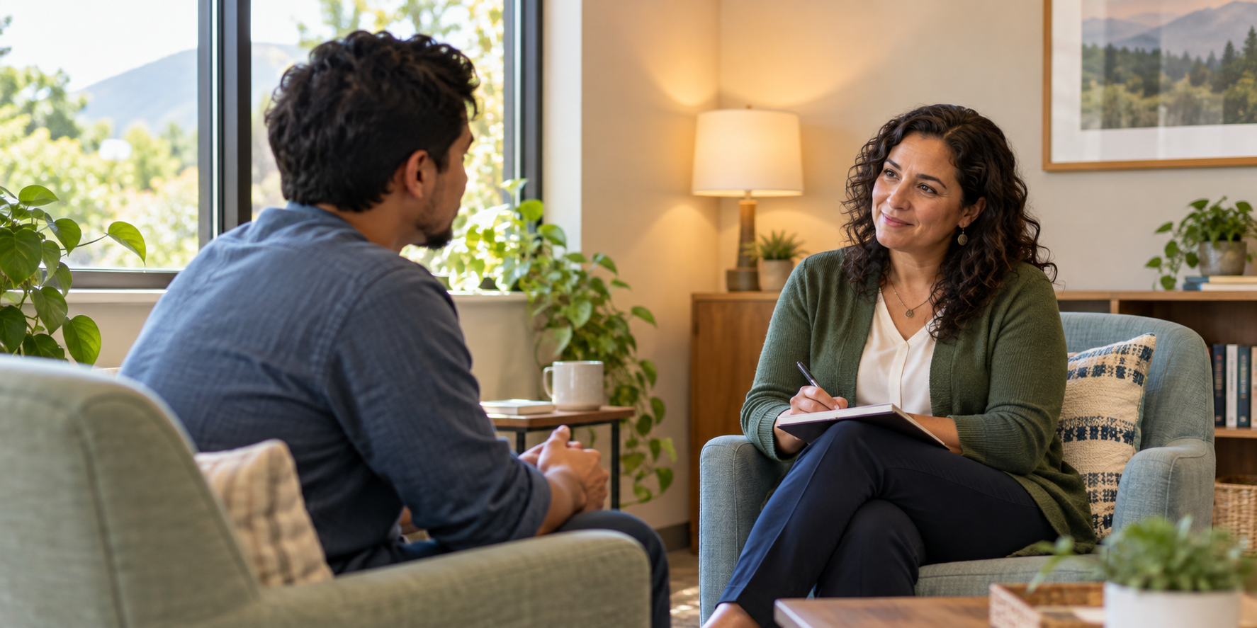 Counselor meeting with a client in a calm private office